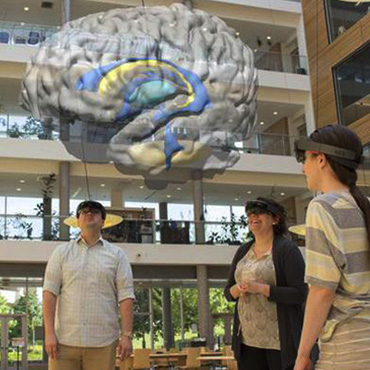 Students looking at a holographic brain